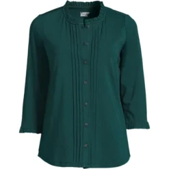 Lands' End Women's 3/4 Sleeve Light Weight Jersey Ruffle Neck Pintuck Top -Clothing store GUEST 1be509b6 974b 41dd afb3 4f8a7624e23e