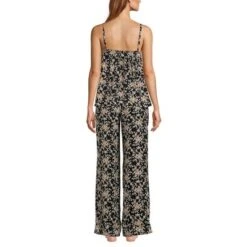 Lands' End Women's Hammered Satin 2 Piece Pajama Set - Cami Top And Pants - Large - Black/Coriander Floral