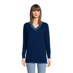 Lands' End Women's Fine Gauge Cotton V-Neck Pullover Tunic Sweater - Stripe -Clothing store GUEST a5985108 d1bb 4c3f 8d03 a88ada254027