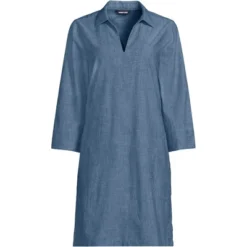 Lands' End Women's Cotton Poplin 3/4 Sleeve Split Neck Dress -Clothing store GUEST b54576ab be26 435b 859d ee0203d9c7d7