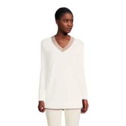 Lands' End Women's Fine Gauge Cotton V-Neck Pullover Tunic Sweater - Stripe -Clothing store GUEST bf6c5a78 d278 434c 8dcd 6e2709b24110