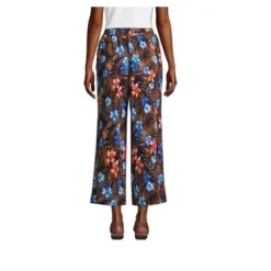 Lands' End Women's High Rise Pull On Elastic Waist Wide Leg Crinkle Knit Crop Pants