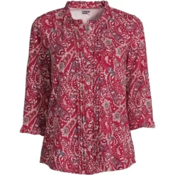 Lands' End Women's 3/4 Sleeve Light Weight Jersey Ruffle Neck Pintuck Top -Clothing store GUEST ce7f979f 6636 4e26 9986 0e73f75cc98d