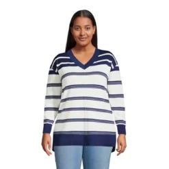Lands' End Women's Fine Gauge Cotton V-Neck Pullover Tunic Sweater - Stripe -Clothing store GUEST ed4281ca 3229 4975 9f95 55efb608b9e3